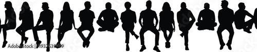 Flat vector silhouettes of people seated in row, group unity, social communication, abstract human posture, diversity interaction, minimal design illustration