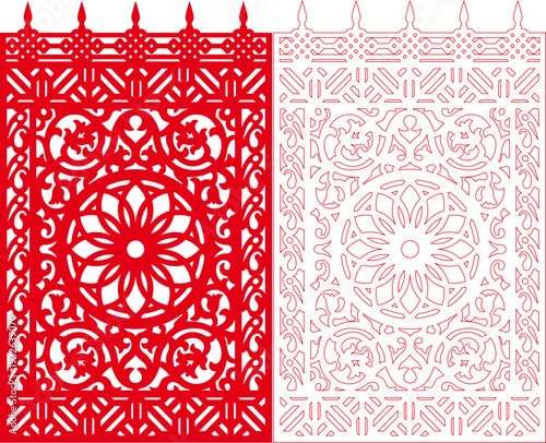 Decorative Paper Cut Ornate Circular Mandala Bloom Panel with Floral Lattice Border and Gothic Spire Crown Top, Laser Cut Symmetrical Round Rosette Screen Frame Design