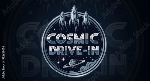 Cosmic Drive-In logo featuring rockets, planet, and stars, a retro space-themed design.