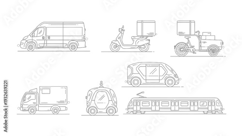Transportation Lineup: A diverse fleet of vehicles meticulously drawn in clean lines, each representing a mode of conveyance. Perfect for conveying mobility and delivery concepts.