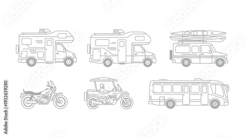 Vehicular Wanderlust: Line art illustration of various vehicles, including motorhomes, vans, motorcycles, and recreational vehicles. Inviting the viewer to envision adventures on the open road.