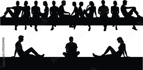 Flat vector silhouettes of people sitting together on platform, group interaction, social communication, isolation contrast, abstract human posture design