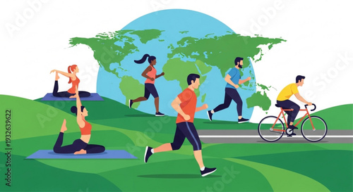 People exercising outdoors in a natural setting with a large globe in the background promoting a healthy lifestyle and global fitness awareness