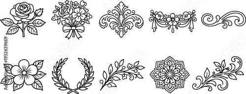 Collection of elegant floral and ornamental line art elements for design