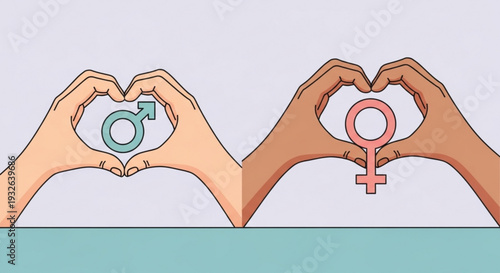Diverse hands forming hearts with male and female symbols against soft gray background with calming teal accent
