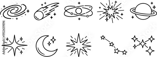 Collection of hand-drawn celestial icons including galaxy, comet, planet, and stars