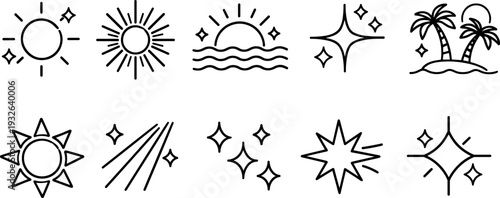 Collection of line art icons representing sun, stars, sunrise, and tropical island