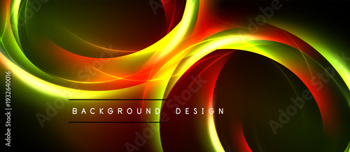 Dynamic abstract waves, vibrant colors blend. Red, yellow, green hues create flowing design. Dark background emphasizes luminosity.