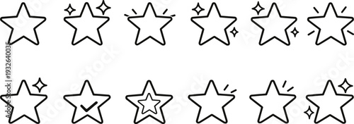 Collection of hand-drawn star icons with different styles and effects for rating and feedback