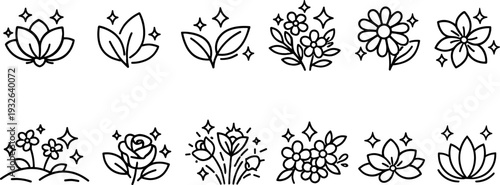 Collection of delicate line art floral icons with sparkling accents for beauty and nature themes