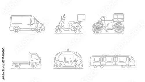 Diverse Transportation Fleet in Monochrome: A modern graphic showcases a collection of transport vehicles, presented in monochrome, highlighting the variety of transportation options available.