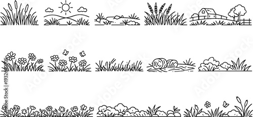 Collection of simple line art illustrations depicting various natural rural and farm elements