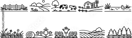 Collection of simple line art farm and rural landscape icons with various elements