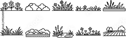 Collection of simple line art icons representing nature elements like grass, flowers, clouds, and fields