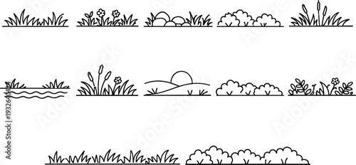 Collection of simple line art nature elements for landscape design and illustration