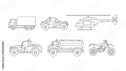 Diverse Transportation Fleet: An assortment of transportation vehicles, meticulously outlined, showcases the versatility and utility of various modes of transit.