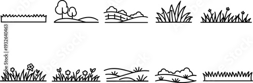 Collection of simple line art icons representing various natural landscape elements and vegetation