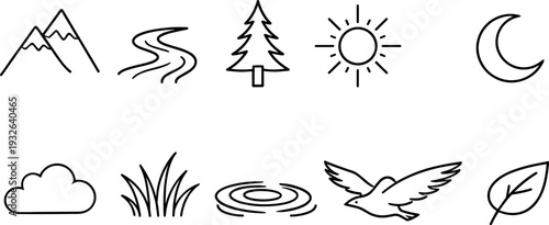 Collection of simple line art icons representing nature elements and celestial bodies