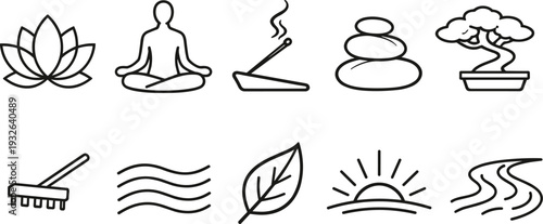 Collection of minimalist icons representing wellness, nature, and tranquility in a clean line art style