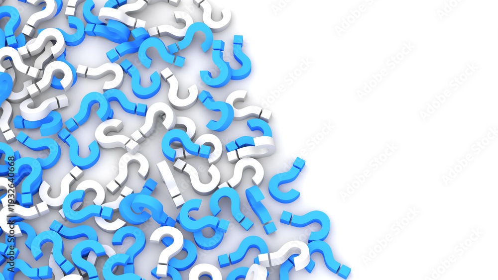 Fototapeta premium Blue and white question marks background with empty copy space on right side, FAQ Concept. 3D Rendering