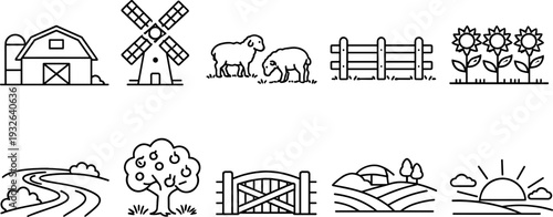 Collection of simple line art icons representing various farm and rural elements