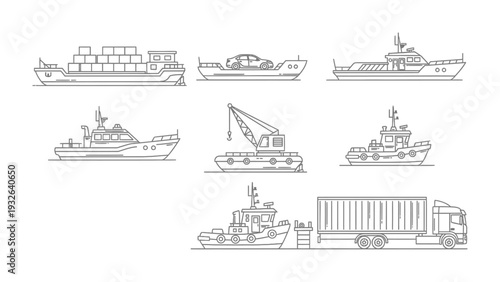 Maritime Mobility: An array of water vessels and transport vehicle. Illustrating maritime mobility, these line drawings offer a glimpse into the diverse world of watercraft and their roles in trade.