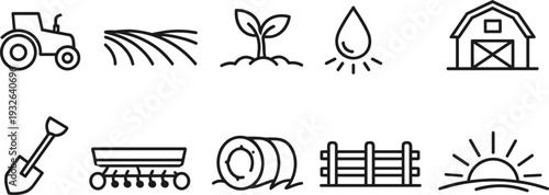 Collection of agricultural icons representing farming activities and elements