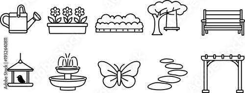 Collection of garden icons including watering can, flowers, bench, and butterfly
