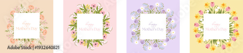 Set of floral square frames in soft pastel tones. Perfect for Easter invitations, Mother’s Day cards, spring greetings, social media posts and printable stationery