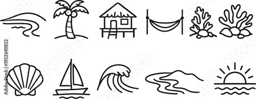 Collection of simple line art icons representing tropical beach and ocean elements