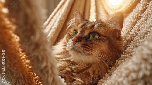 Wallpaper Mural Fluffy ginger domestic cat with green eyes resting in soft beige hammock near window in warm evening sunlight, cozy home relaxation concept Torontodigital.ca