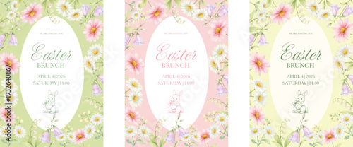 Elegant Easter brunch invitation set with soft watercolor flowers and pastel backgrounds. Perfect for holiday cards, spring event invites and printable decor