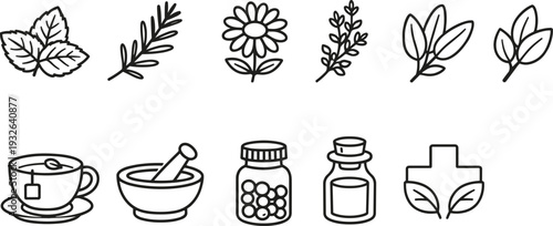 Collection of hand-drawn icons representing natural remedies and herbal medicine