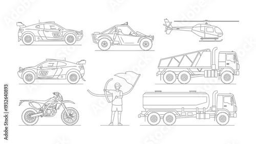 Vehicular Variety: An array of transportation modes is artistically depicted, showcasing a diverse collection of vehicles, including automobiles, a helicopter, and trucks, among others.
