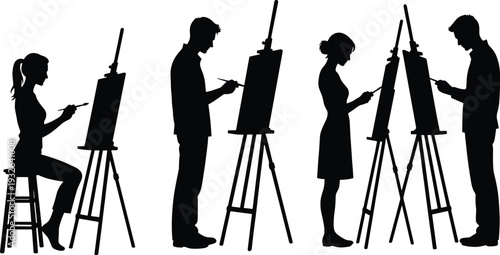 Set of black silhouettes featuring male and female artists painting on canvas with easels isolated on white background flat vector (20 words)