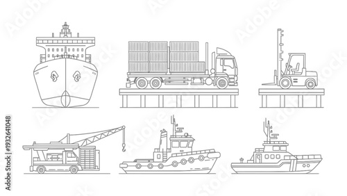 Logistics Fleet: A detailed illustration showcasing a streamlined logistics fleet, depicting a cargo ship, truck carrying containers, forklift, container crane, and two tugboats.