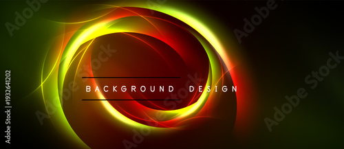 Abstract design features vibrant concentric circles. Red, orange, yellow hues blend against dark backdrop. Text reads background design.