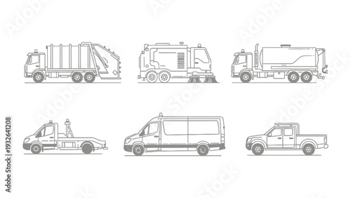 Fleet of Utility Trucks: A comprehensive set of utility trucks, each with a unique purpose and design, presented in an illustrative format, perfect for highlighting various aspects of the industry.