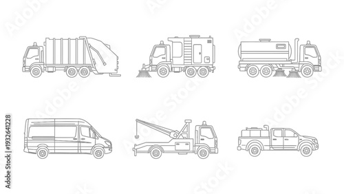 Vehicular Array: A detailed illustrative depiction of various vehicles, showcasing different types used in urban infrastructure and service operations. 