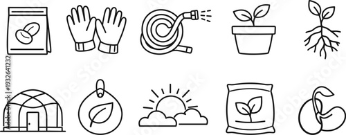 Gardening icons set: seeds, gloves, hose, plant, roots, greenhouse, sun, and sprout