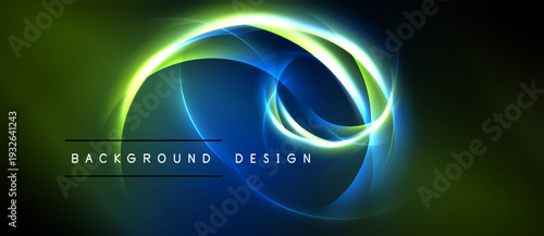 Abstract design features vibrant blue, green glows. Circular shapes overlap creating dynamic visual effect. Dark background enhances luminosity.