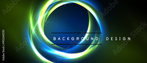 Abstract glowing circles over dark background. Vivid green, blue hues create dynamic visual effect. Text reads background design.