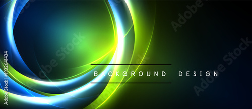 Abstract neon swirls, vibrant green, blue hues dominate dark background. Modern design element, dynamic lighting effect.