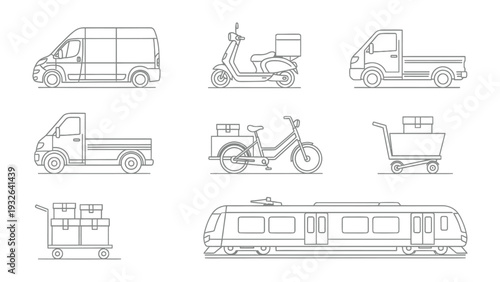 Diverse Transportation Set: a comprehensive illustration showcasing a collection of transportation options including a delivery van, scooter, truck, and train