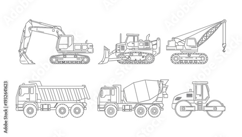 Construction Machinery Lineup: A detailed lineup of essential construction machinery, including excavators, bulldozers, cranes, and trucks, is displayed with clean, precise line work