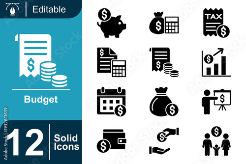 Set of editable solid icons representing financial management, budgeting, and economic concepts, perfect for business presentations and graphic design projects related to money and taxes