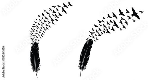 Two feathers transforming into flocks of birds in flight
