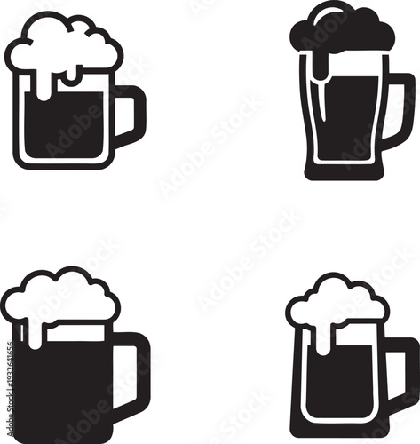 Four stylized black and white vector icons depicting frothy beer mugs and steins representing alcoholic beverages and pub