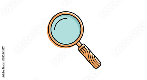 Magnifying glass icon with a textured wooden handle and light blue lens isolated on a plain white background for search concepts.