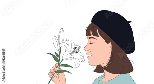 Young girl wearing a black beret with her eyes closed while gently smelling a delicate white lily flower on a white background.